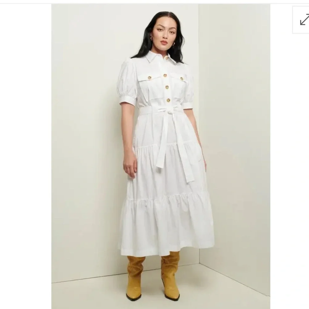 Derek Lam 10 Crosby White Utility Midi Dress - Size 14 Belted Puff Sleeve - Picture 1 of 5